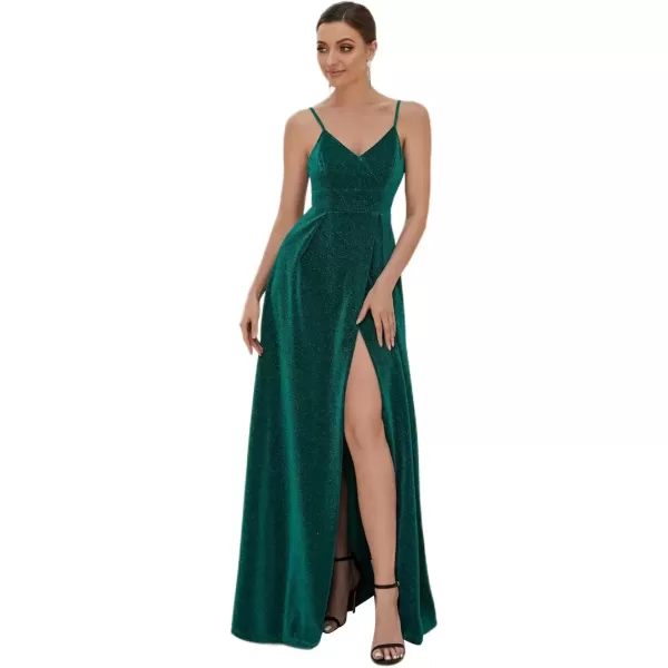 imageEverPretty Womens Sexy Spaghetti Straps Slit ALine Glitter Prom Dress 50120Dark Green