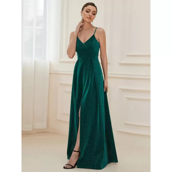 imageEverPretty Womens Sexy Spaghetti Straps Slit ALine Glitter Prom Dress 50120Dark Green