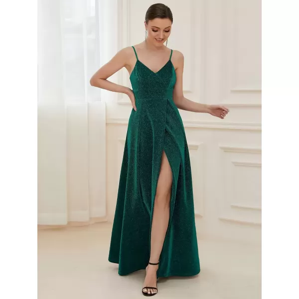 imageEverPretty Womens Sexy Spaghetti Straps Slit ALine Glitter Prom Dress 50120Dark Green