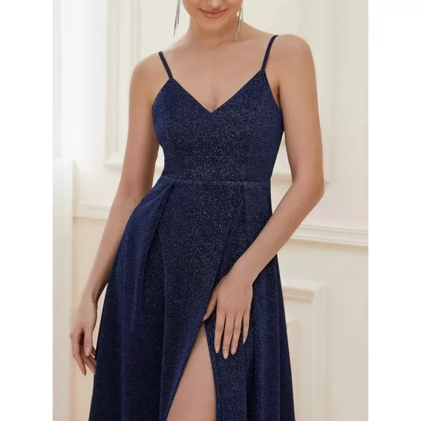 imageEverPretty Womens Sexy Spaghetti Straps Slit ALine Glitter Prom Dress 50120Navy Blue