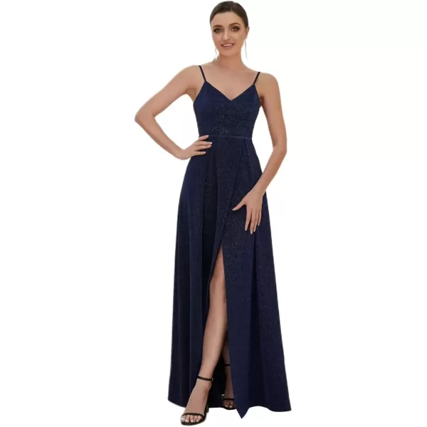 imageEverPretty Womens Sexy Spaghetti Straps Slit ALine Glitter Prom Dress 50120Navy Blue