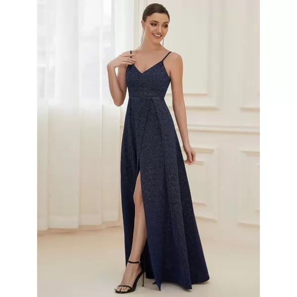 imageEverPretty Womens Sexy Spaghetti Straps Slit ALine Glitter Prom Dress 50120Navy Blue