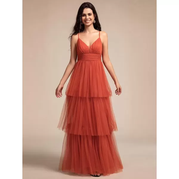 imageEverPretty Womens Sexy V Neck Spaghetti Straps Empire Waist Pleated Layered Tulle Bridesmaid Dresses 02219Burnt Orange