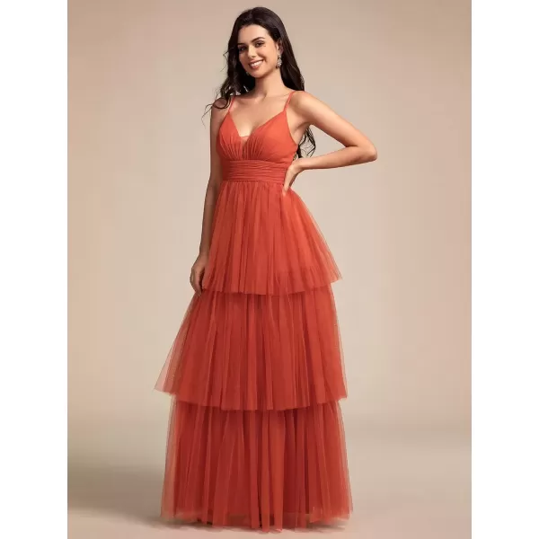 imageEverPretty Womens Sexy V Neck Spaghetti Straps Empire Waist Pleated Layered Tulle Bridesmaid Dresses 02219Burnt Orange