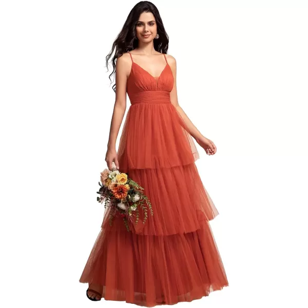 imageEverPretty Womens Sexy V Neck Spaghetti Straps Empire Waist Pleated Layered Tulle Bridesmaid Dresses 02219Burnt Orange