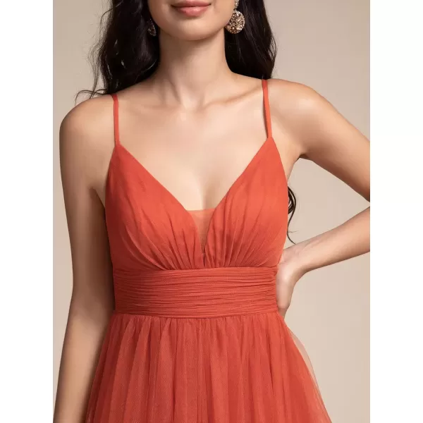 imageEverPretty Womens Sexy V Neck Spaghetti Straps Empire Waist Pleated Layered Tulle Bridesmaid Dresses 02219Burnt Orange