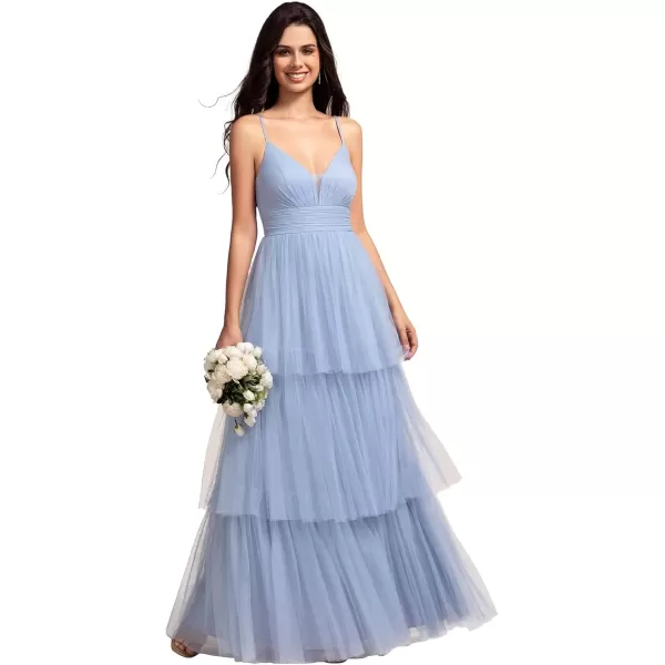 imageEverPretty Womens Sexy V Neck Spaghetti Straps Empire Waist Pleated Layered Tulle Bridesmaid Dresses 02219Light Dusty Blue