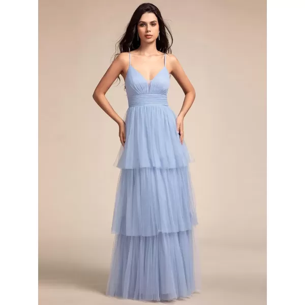 imageEverPretty Womens Sexy V Neck Spaghetti Straps Empire Waist Pleated Layered Tulle Bridesmaid Dresses 02219Light Dusty Blue