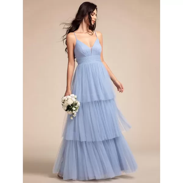 imageEverPretty Womens Sexy V Neck Spaghetti Straps Empire Waist Pleated Layered Tulle Bridesmaid Dresses 02219Light Dusty Blue