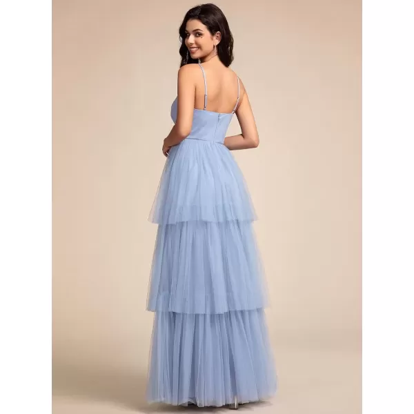 imageEverPretty Womens Sexy V Neck Spaghetti Straps Empire Waist Pleated Layered Tulle Bridesmaid Dresses 02219Light Dusty Blue