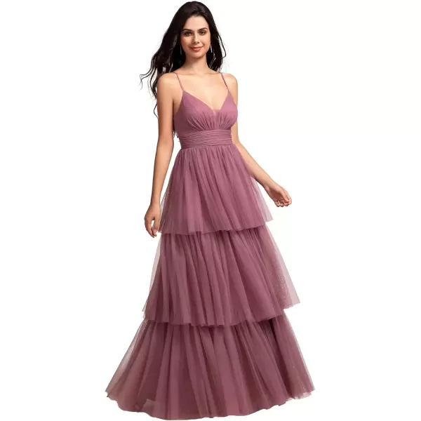 imageEverPretty Womens Sexy V Neck Spaghetti Straps Empire Waist Pleated Layered Tulle Bridesmaid Dresses 02219Orchid