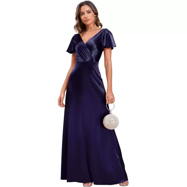 imageEverPretty Womens Shiny Satin Ruffles Sleeves VNeck Evening Dresses 01884Navy Blue