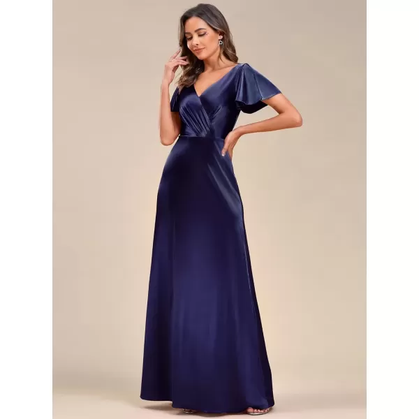 imageEverPretty Womens Shiny Satin Ruffles Sleeves VNeck Evening Dresses 01884Navy Blue