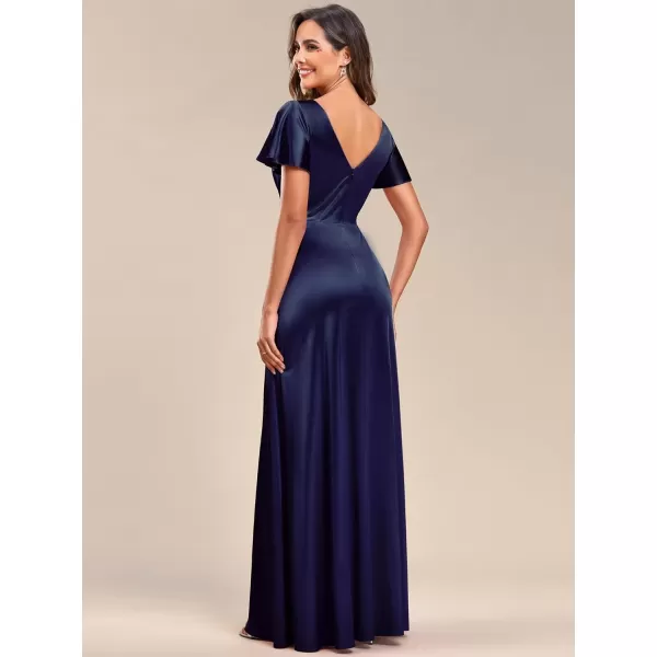 imageEverPretty Womens Shiny Satin Ruffles Sleeves VNeck Evening Dresses 01884Navy Blue