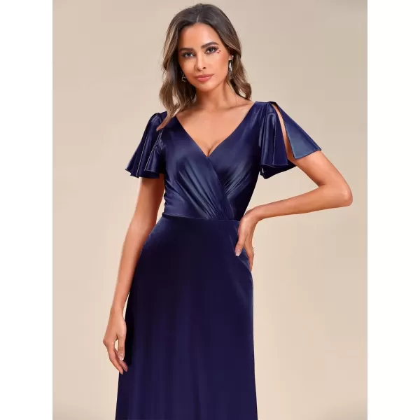 imageEverPretty Womens Shiny Satin Ruffles Sleeves VNeck Evening Dresses 01884Navy Blue