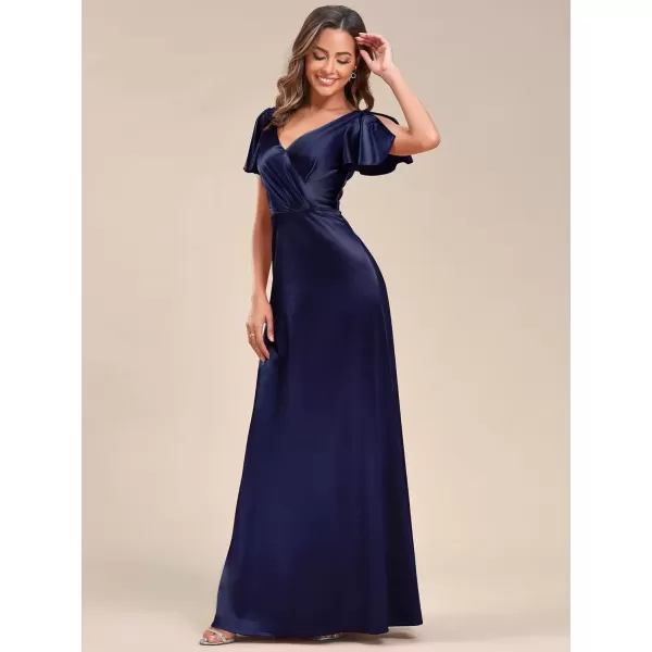 imageEverPretty Womens Shiny Satin Ruffles Sleeves VNeck Evening Dresses 01884Navy Blue