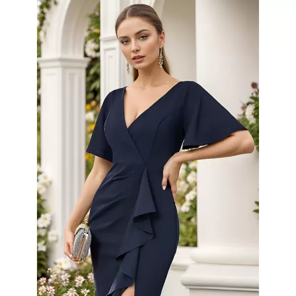 imageEverPretty Womens Short Sleeves Slit Pleated Bodycon Formal Dresses with Lotus Leaf 00014Navy Blue