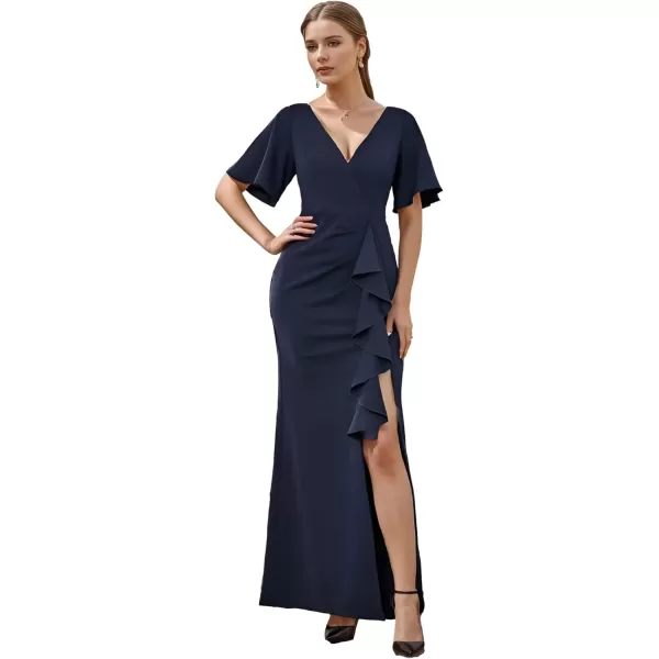 imageEverPretty Womens Short Sleeves Slit Pleated Bodycon Formal Dresses with Lotus Leaf 00014Navy Blue