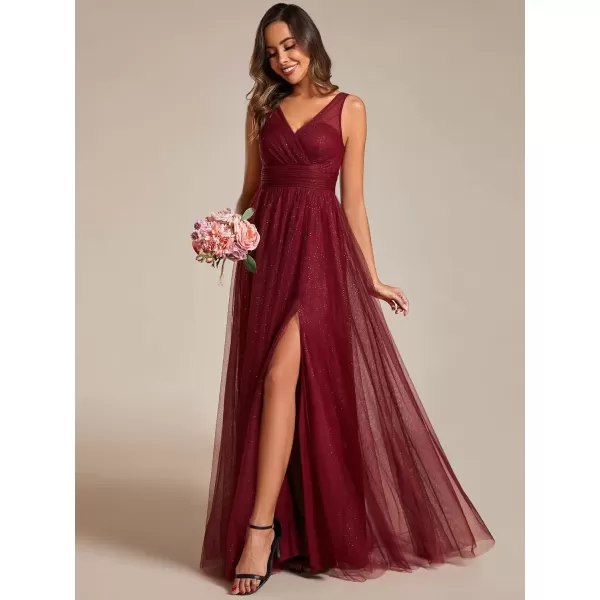 imageEverPretty Womens Sleeveless V Neck A Line Glitter Floor Length Split Formal Dresses S0014Burgundy