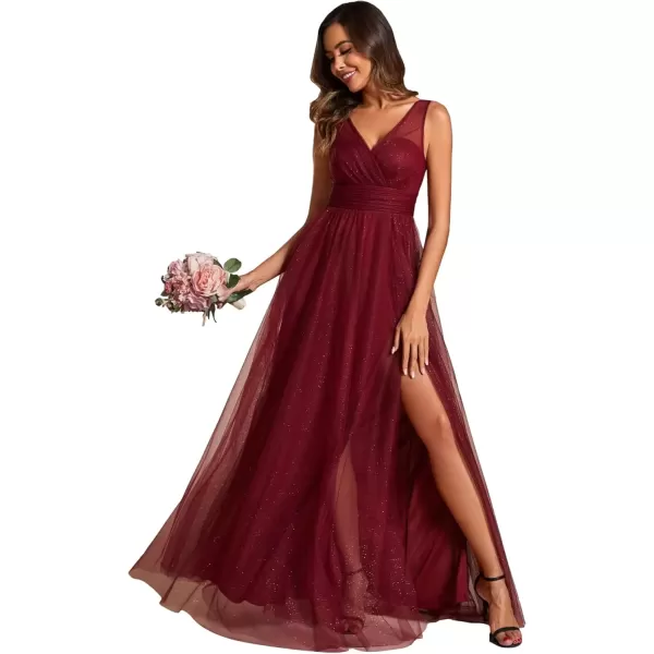 imageEverPretty Womens Sleeveless V Neck A Line Glitter Floor Length Split Formal Dresses S0014Burgundy