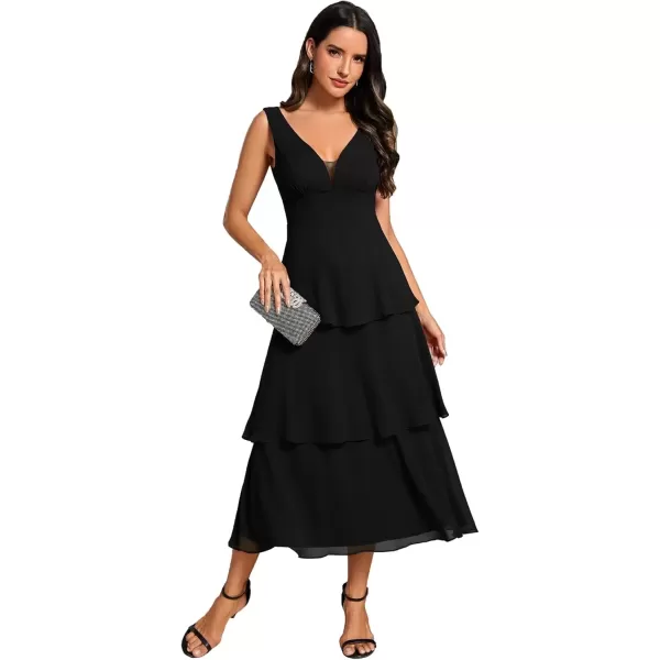 imageEverPretty Womens Summer Formal Dresses A Line V Neck Sleeveless Tiered Layered Midi Wedding Guest Dress 02110Black