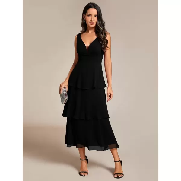 imageEverPretty Womens Summer Formal Dresses A Line V Neck Sleeveless Tiered Layered Midi Wedding Guest Dress 02110Black