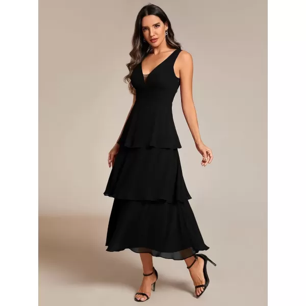 imageEverPretty Womens Summer Formal Dresses A Line V Neck Sleeveless Tiered Layered Midi Wedding Guest Dress 02110Black