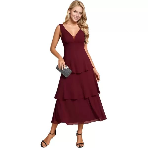 imageEverPretty Womens Summer Formal Dresses A Line V Neck Sleeveless Tiered Layered Midi Wedding Guest Dress 02110Burgundy