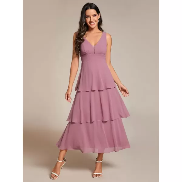 imageEverPretty Womens Summer Formal Dresses A Line V Neck Sleeveless Tiered Layered Midi Wedding Guest Dress 02110Orchid