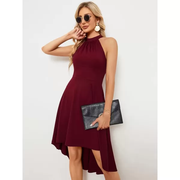 imageEverPretty Womens Summer Semi Formal Dress Halter Neck Pleated Sleeveless High Low ALine Midi Cocktail Dresses 01782Burgundy