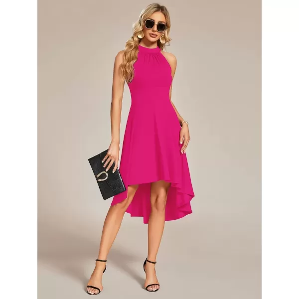 imageEverPretty Womens Summer Semi Formal Dress Halter Neck Pleated Sleeveless High Low ALine Midi Cocktail Dresses 01782Hot Pink