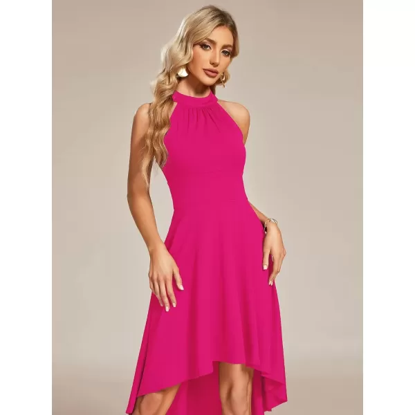 imageEverPretty Womens Summer Semi Formal Dress Halter Neck Pleated Sleeveless High Low ALine Midi Cocktail Dresses 01782Hot Pink