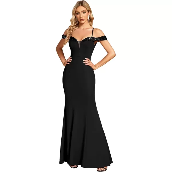 imageEverPretty Womens V Neck Off Shoulder Sequin Sleeves Mermaid Floor Length Maxi Evening Dresses 01737Black