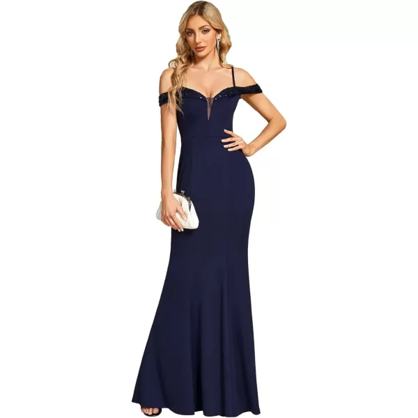 imageEverPretty Womens V Neck Off Shoulder Sequin Sleeves Mermaid Floor Length Maxi Evening Dresses 01737Navy Blue