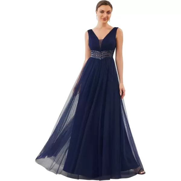 imageEverPretty Womens VNeck Pleated Sequin Sleeveless Tulle Long Evening Gowns 0062BNavy Blue