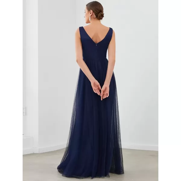 imageEverPretty Womens VNeck Pleated Sequin Sleeveless Tulle Long Evening Gowns 0062BNavy Blue