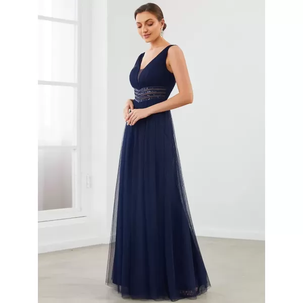 imageEverPretty Womens VNeck Pleated Sequin Sleeveless Tulle Long Evening Gowns 0062BNavy Blue