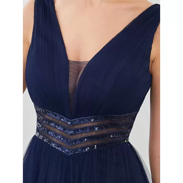 imageEverPretty Womens VNeck Pleated Sequin Sleeveless Tulle Long Evening Gowns 0062BNavy Blue