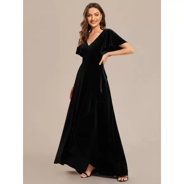 imageEverPretty Womens Velvet Ruffle Sleeve VNeck Wrap Waist Maxi Dress High Low Wedding Guest Dresses 02041Black