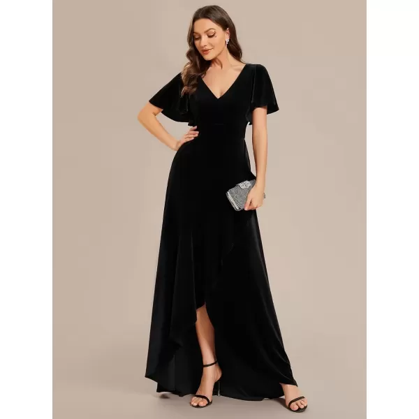 imageEverPretty Womens Velvet Ruffle Sleeve VNeck Wrap Waist Maxi Dress High Low Wedding Guest Dresses 02041Black