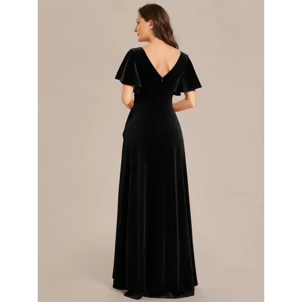 imageEverPretty Womens Velvet Ruffle Sleeve VNeck Wrap Waist Maxi Dress High Low Wedding Guest Dresses 02041Black