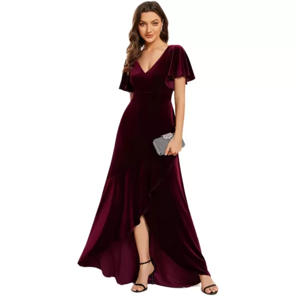 imageEverPretty Womens Velvet Ruffle Sleeve VNeck Wrap Waist Maxi Dress High Low Wedding Guest Dresses 02041Burgundy