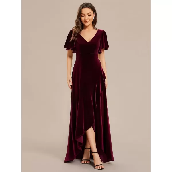 imageEverPretty Womens Velvet Ruffle Sleeve VNeck Wrap Waist Maxi Dress High Low Wedding Guest Dresses 02041Burgundy