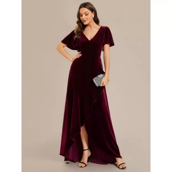 imageEverPretty Womens Velvet Ruffle Sleeve VNeck Wrap Waist Maxi Dress High Low Wedding Guest Dresses 02041Burgundy