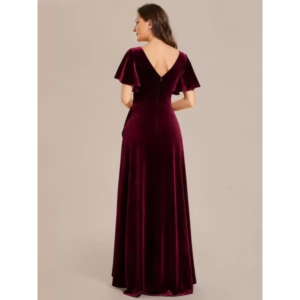 imageEverPretty Womens Velvet Ruffle Sleeve VNeck Wrap Waist Maxi Dress High Low Wedding Guest Dresses 02041Burgundy