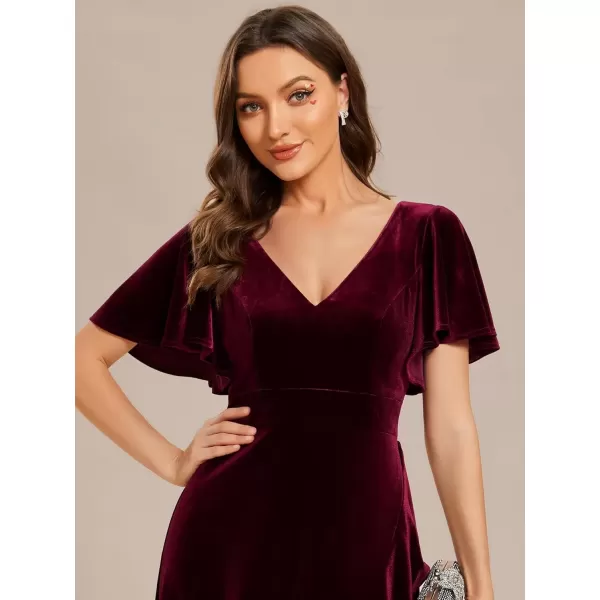 imageEverPretty Womens Velvet Ruffle Sleeve VNeck Wrap Waist Maxi Dress High Low Wedding Guest Dresses 02041Burgundy