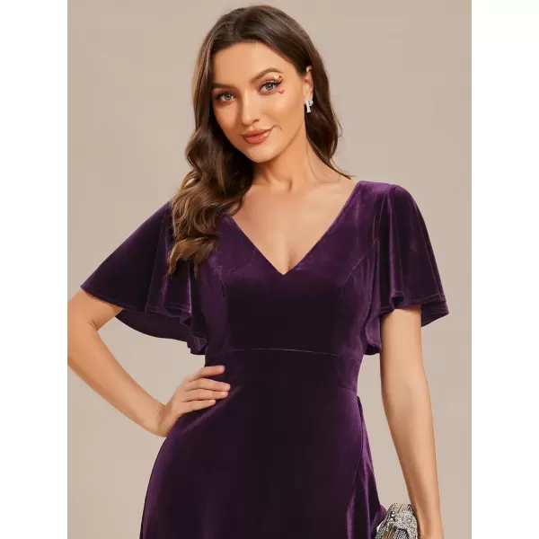 imageEverPretty Womens Velvet Ruffle Sleeve VNeck Wrap Waist Maxi Dress High Low Wedding Guest Dresses 02041Dark Purple