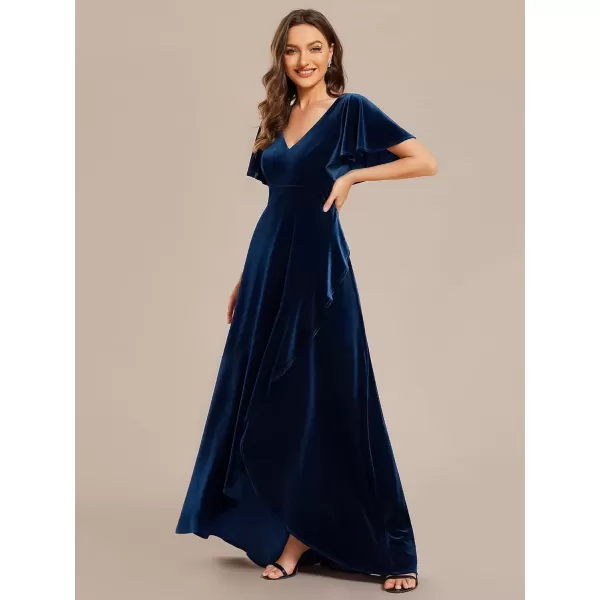 imageEverPretty Womens Velvet Ruffle Sleeve VNeck Wrap Waist Maxi Dress High Low Wedding Guest Dresses 02041Navy Blue