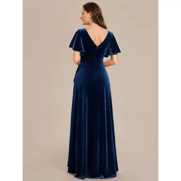 imageEverPretty Womens Velvet Ruffle Sleeve VNeck Wrap Waist Maxi Dress High Low Wedding Guest Dresses 02041Navy Blue