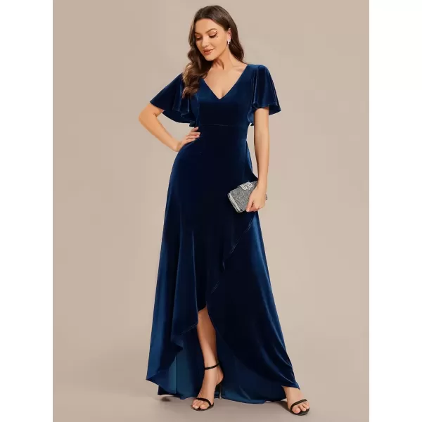 imageEverPretty Womens Velvet Ruffle Sleeve VNeck Wrap Waist Maxi Dress High Low Wedding Guest Dresses 02041Navy Blue